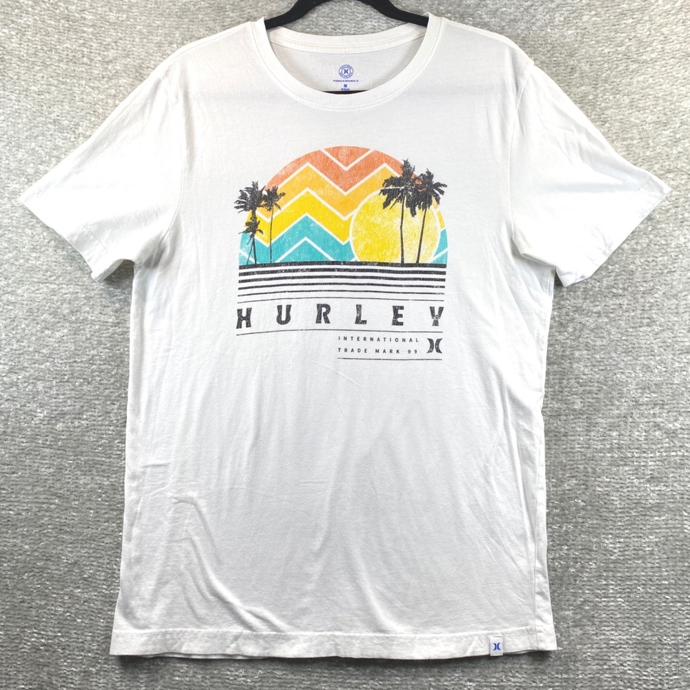 Hurley Mens Graphic T-Shirt White Medium Palm Tree Sunset Surf Beach Cotton Tee